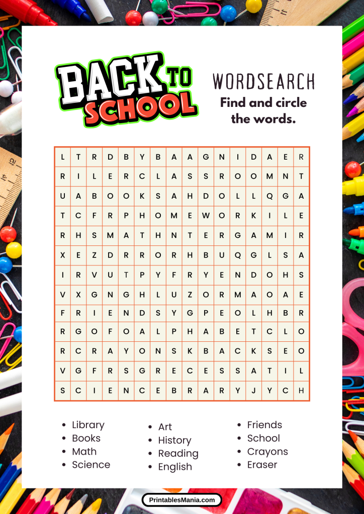 back to school word search printable