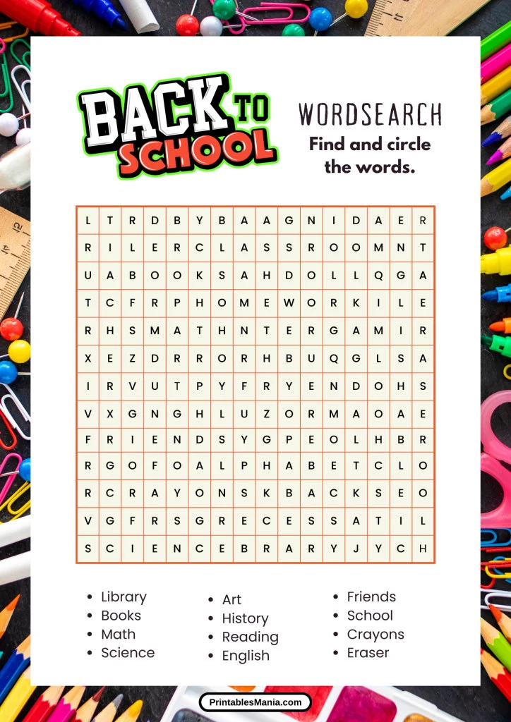 back to school word search printable