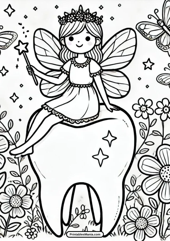 cute tooth fairy flying over a pillow coloring page