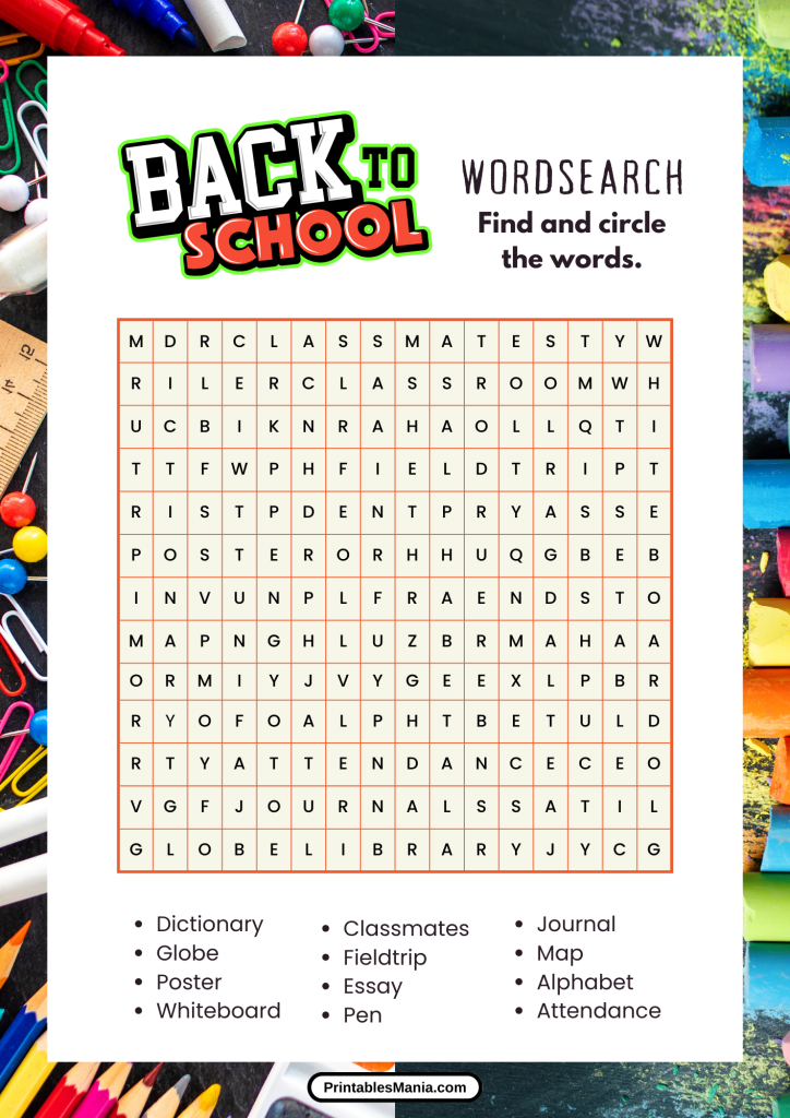 back to school word search hard