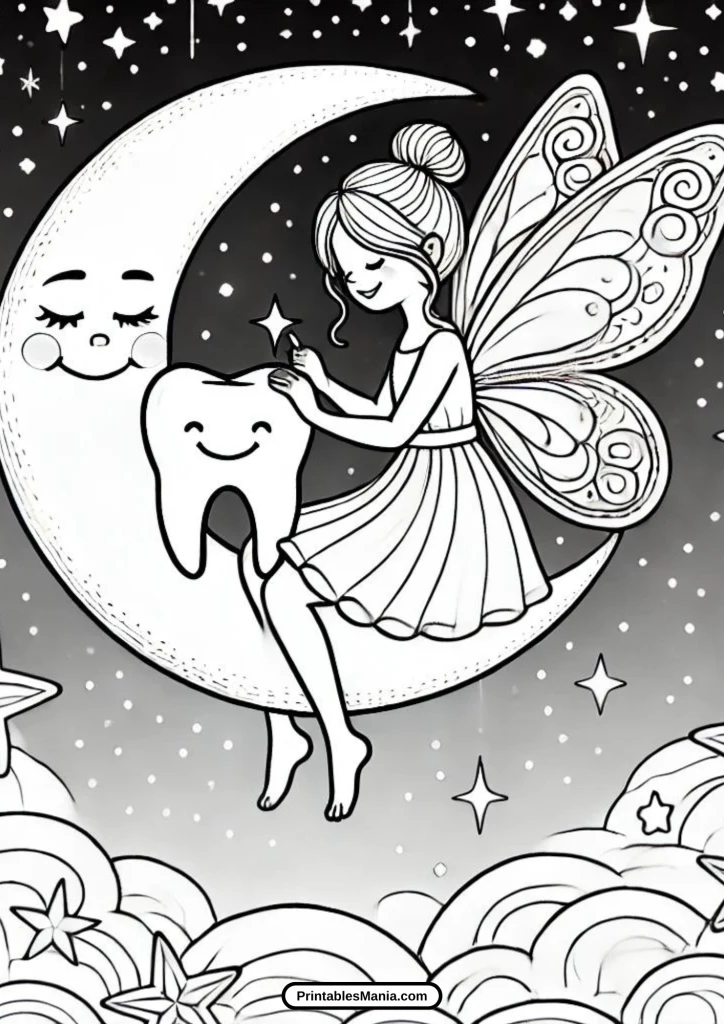 coloring page of tooth fairy with a tooth treasure chest