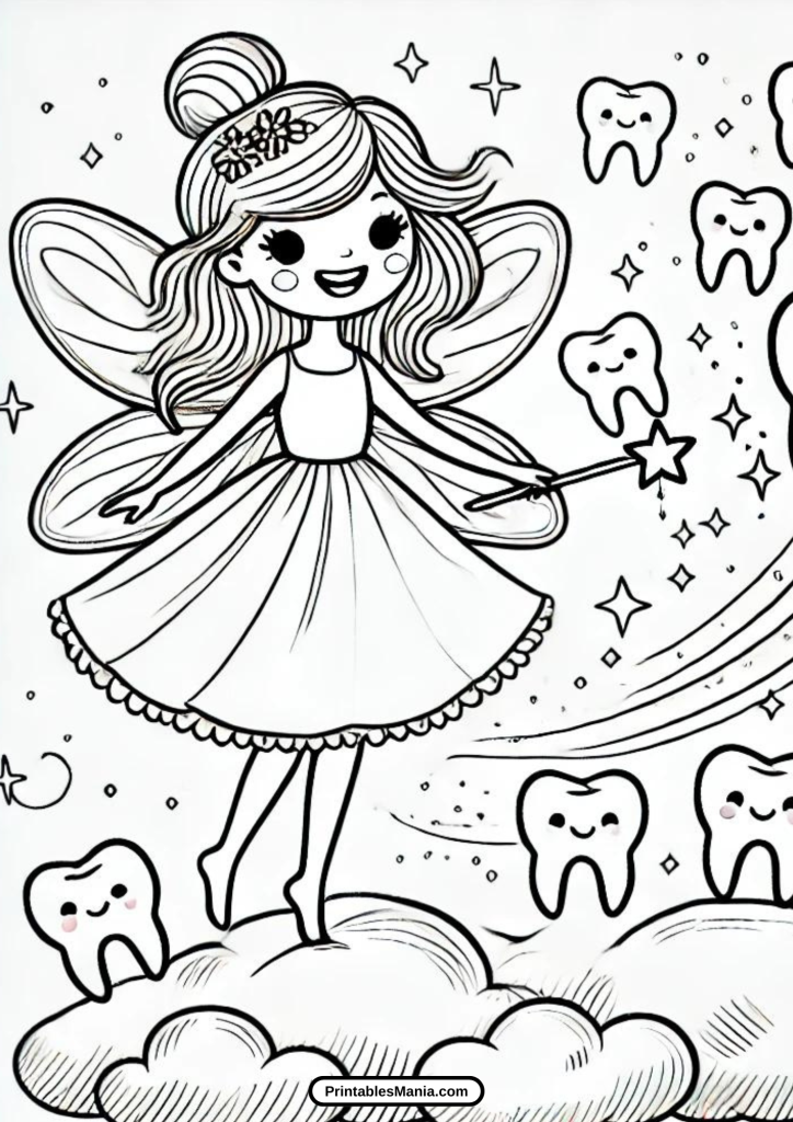 tooth fairy sitting on a crescent moon, black and white page