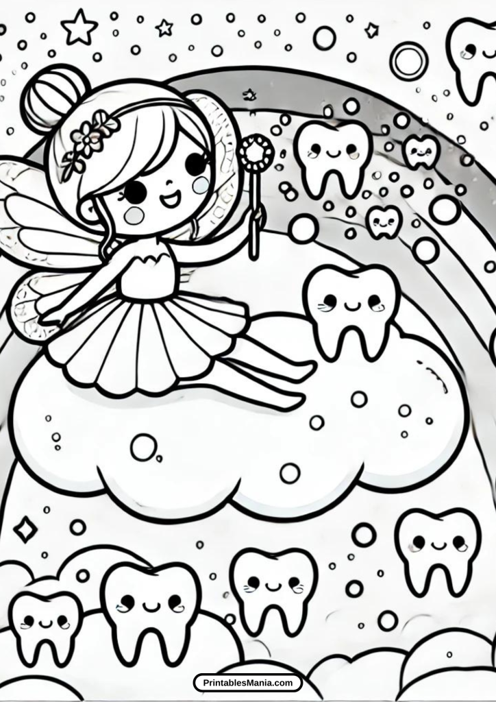 coloring book page of tooth fairy collecting teeth