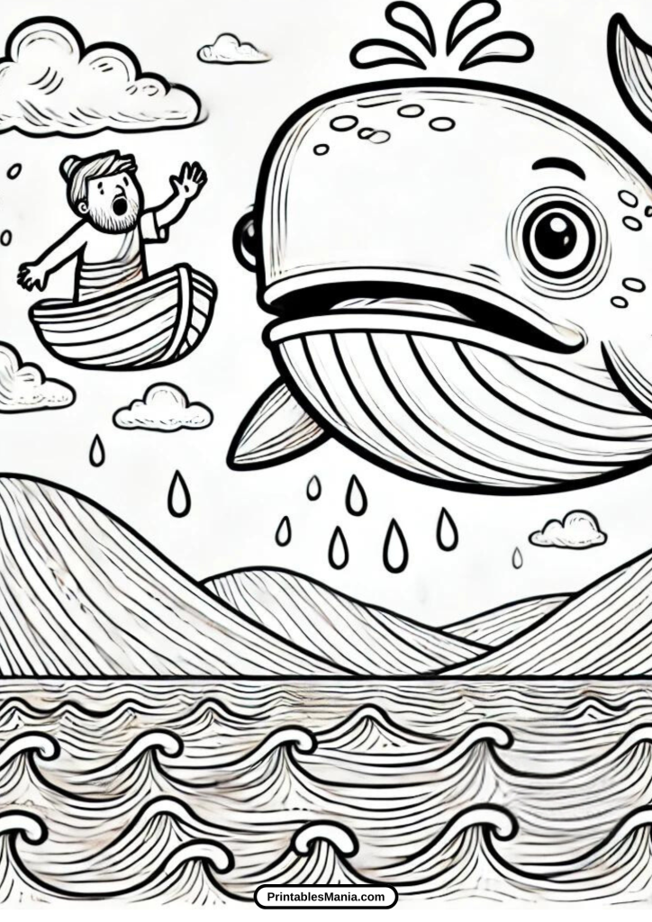 creative jonah and the whale coloring page for children