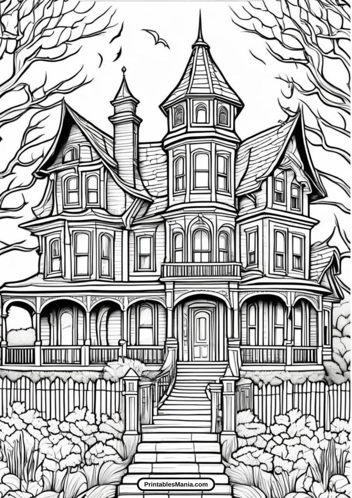 spooky haunted house coloring page