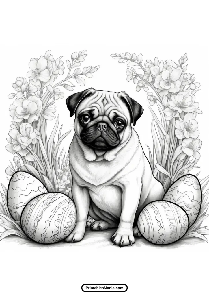 pug with Easter eggs