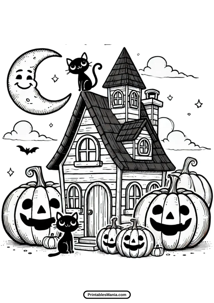 Halloween haunted house coloring sheet