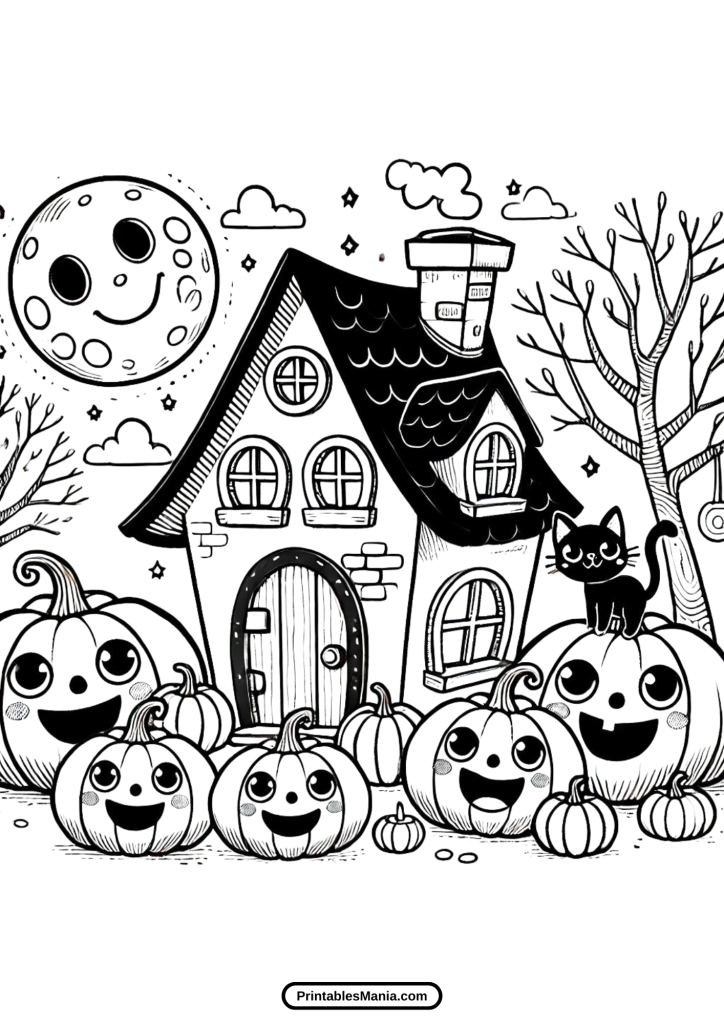 cute haunted house with a full moon