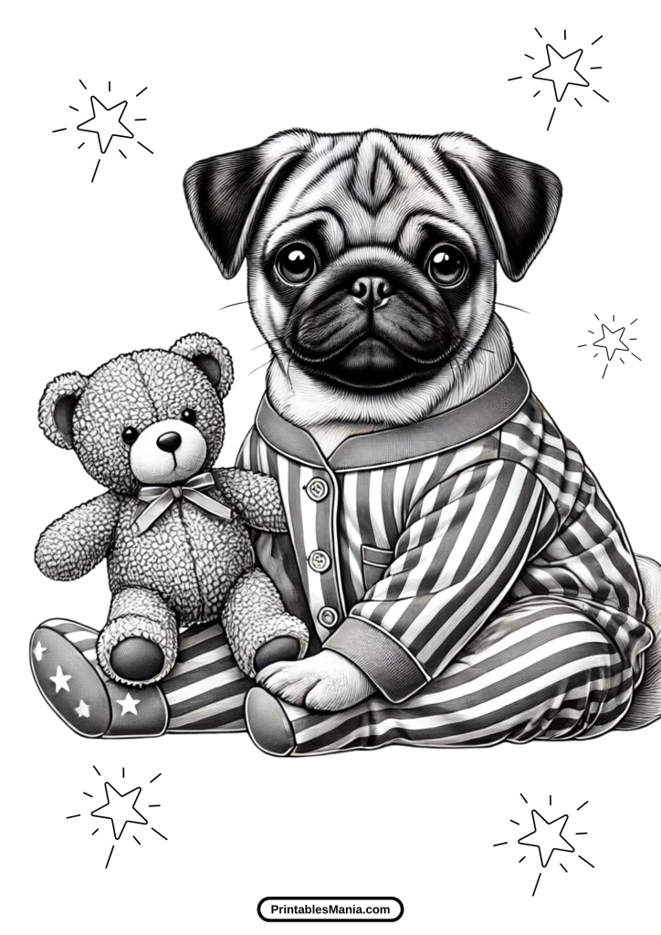 pug in pajamas with teddy