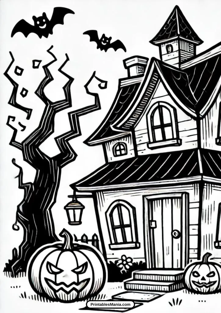 fun haunted house with pumpkins