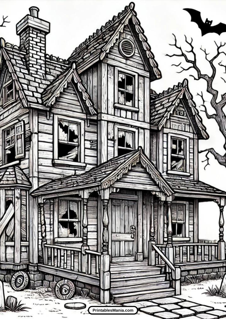 easy haunted house coloring page