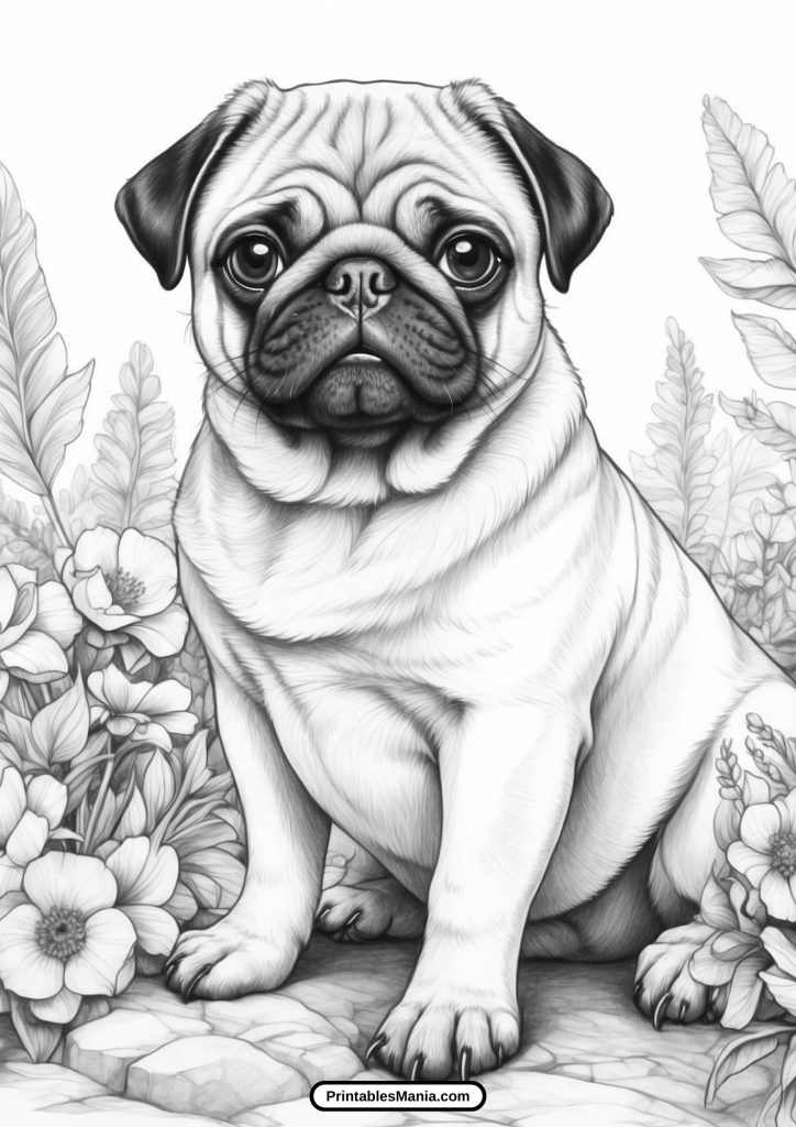 pug and flowers coloring page