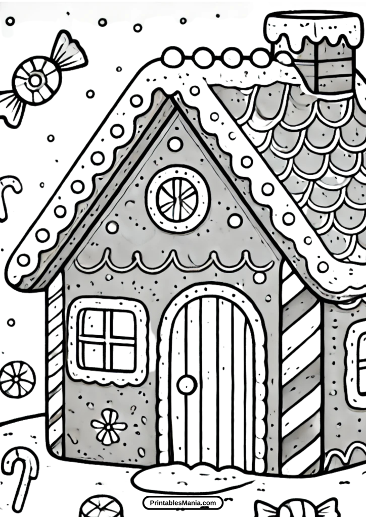 holiday-themed gingerbread house coloring sheet