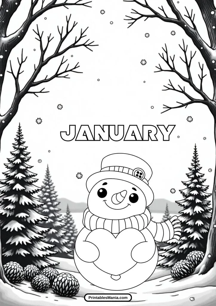 snowman january coloring printable PDF