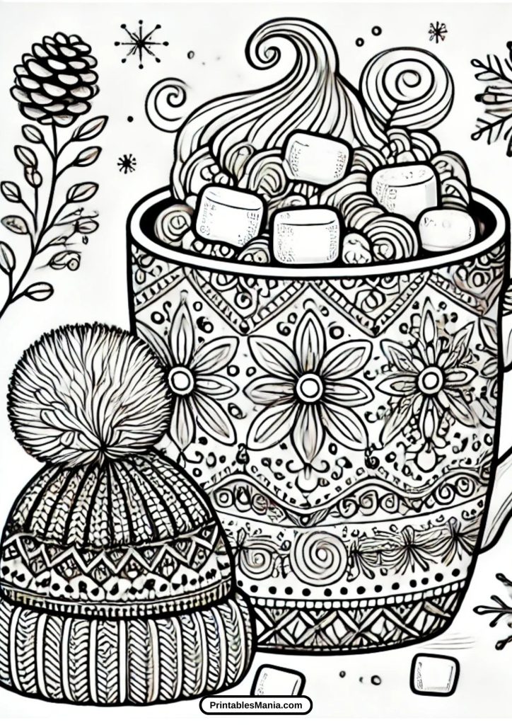 hot cocoa coloring page with a steaming mug and marshmallows