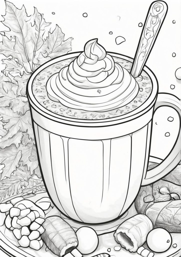 cozy hot chocolate scene coloring page for adults