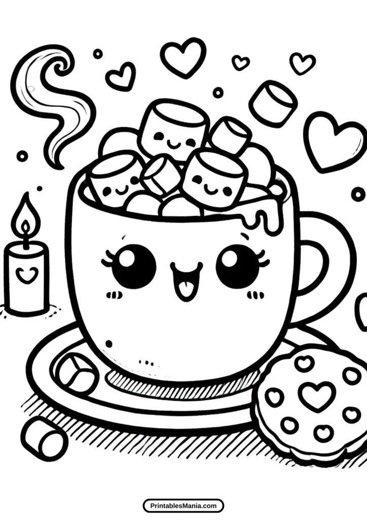 hot cocoa coloring page with festive winter background