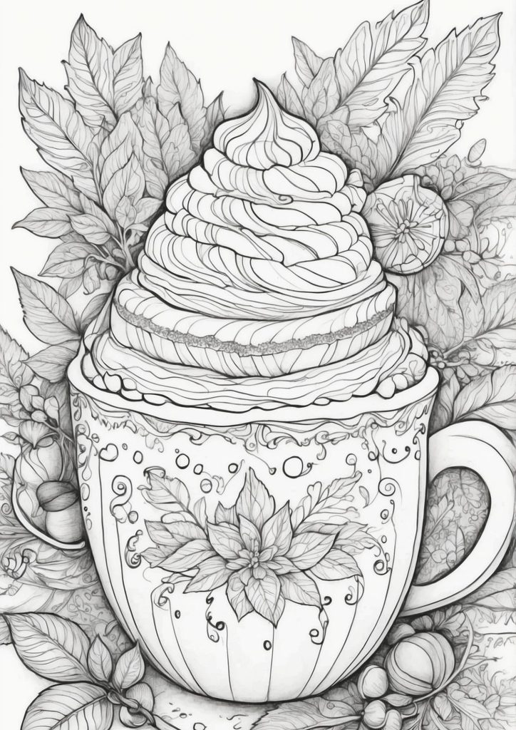 whimsical hot chocolate coloring sheet for kids and adults