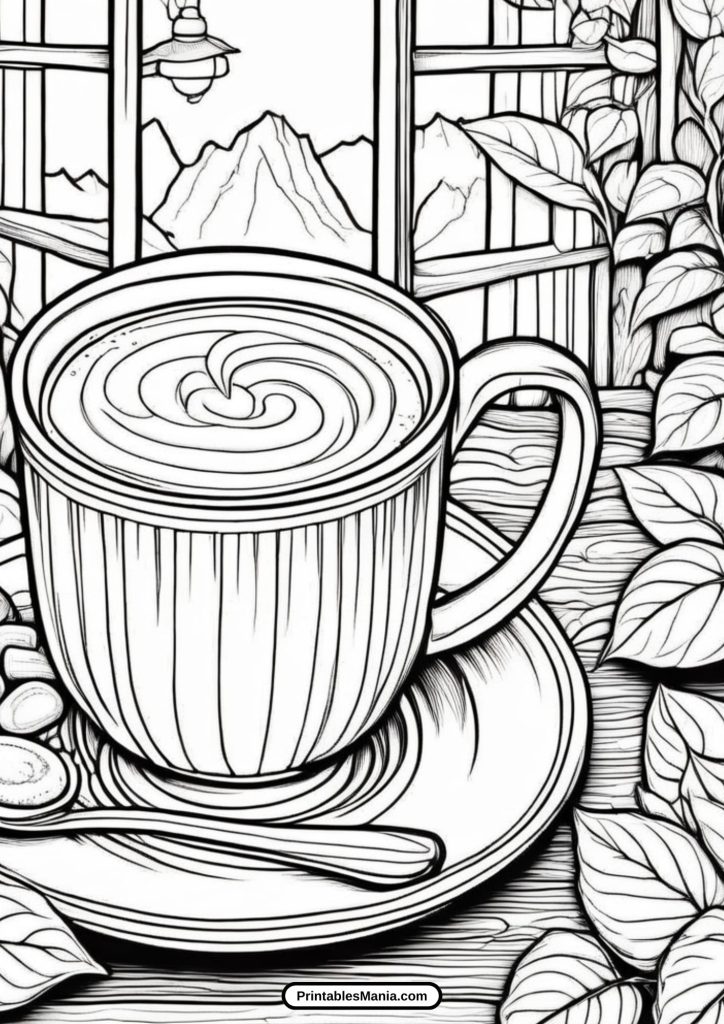 christmas cocoa coloring page with a decorated fireplace