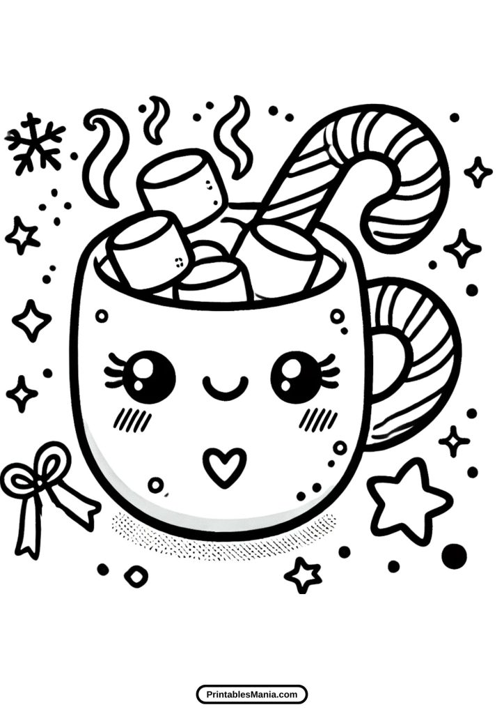 coloring page of a hot cocoa stand in a snowy village