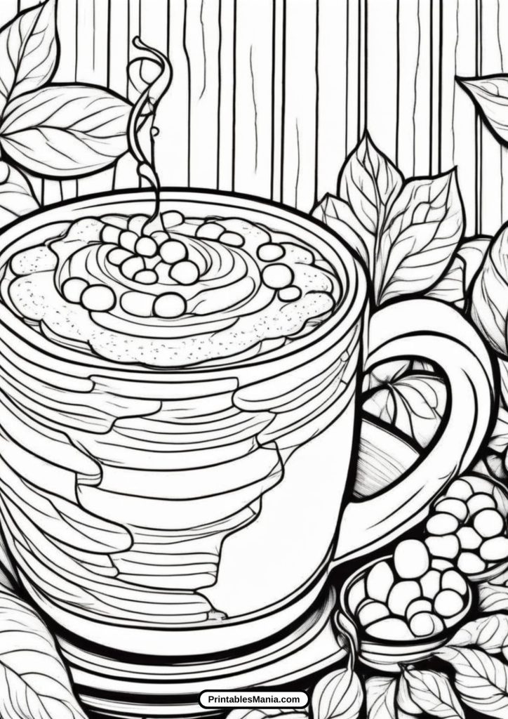 cozy winter hot chocolate mug with a scarf coloring sheet