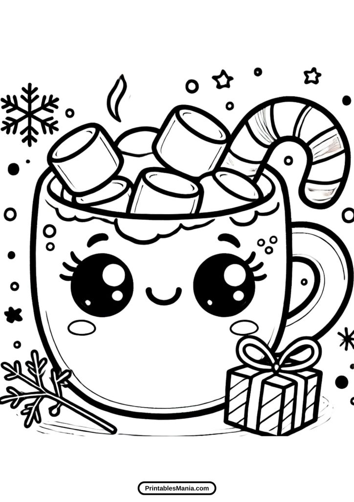 hot cocoa illustration for coloring with christmas ornaments