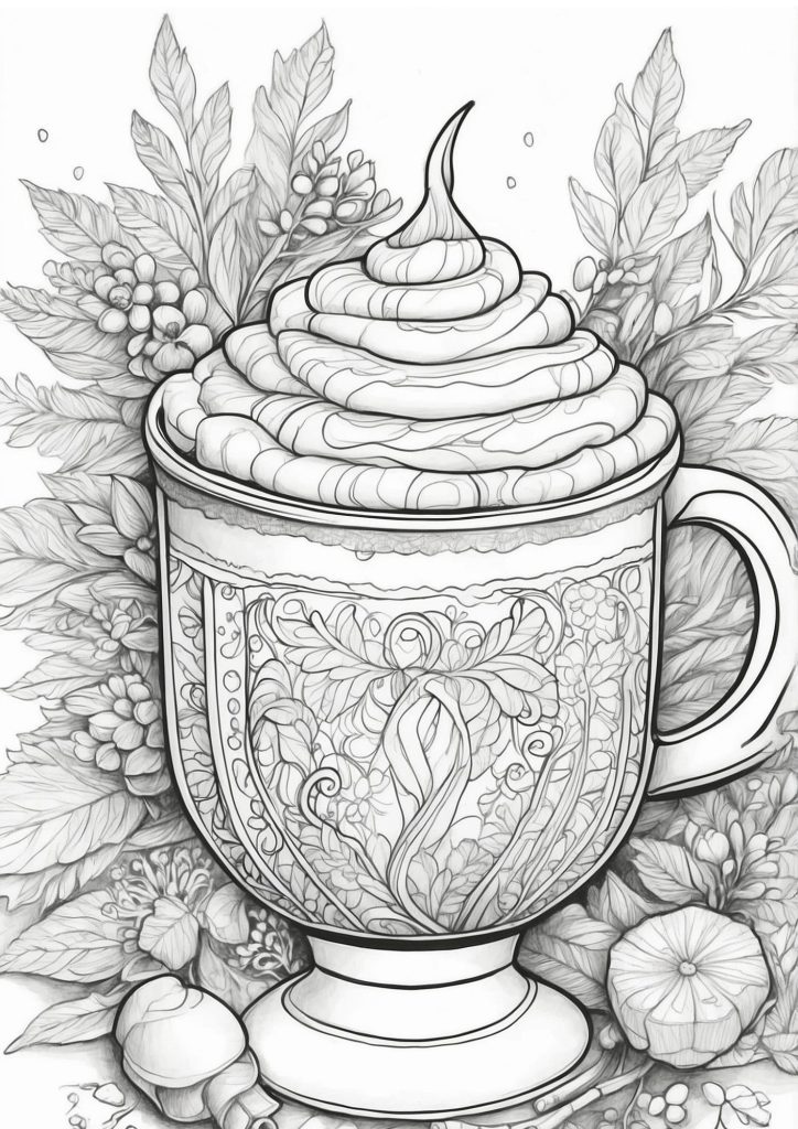 festive hot cocoa mug coloring sheet with holiday vibes