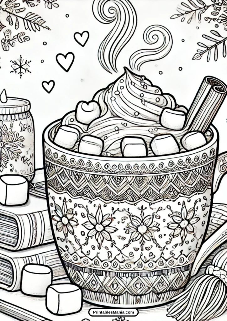 winter hot chocolate coloring page with snow and trees