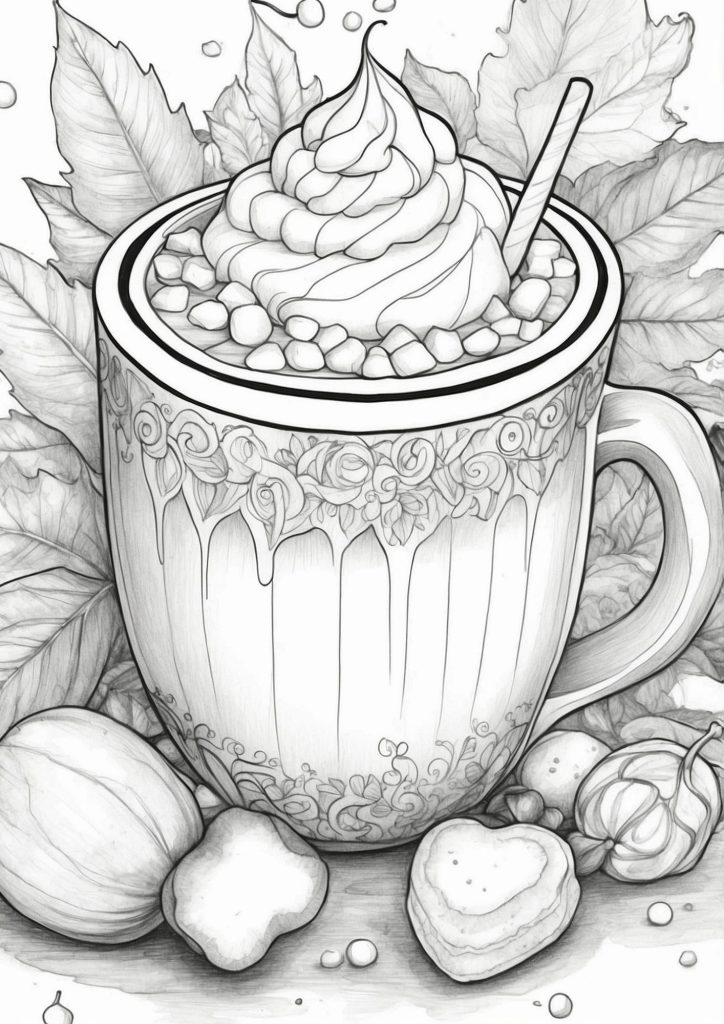 cute holiday-themed hot cocoa illustration to color