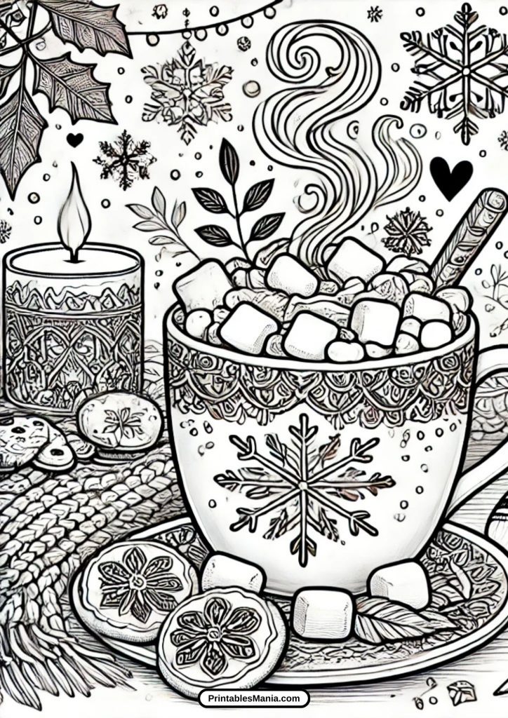 christmas-themed hot chocolate coloring page 