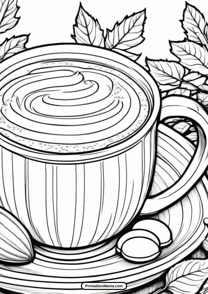 detailed coloring page of a hot cocoa mug