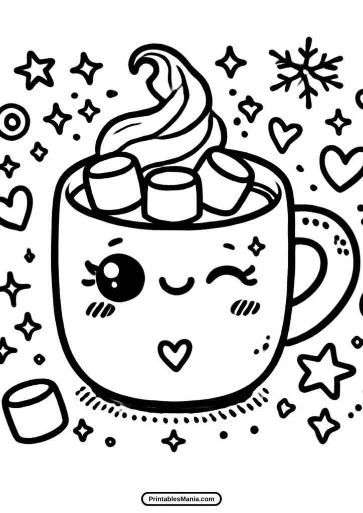 hot chocolate and marshmallows in a festive cup coloring sheet