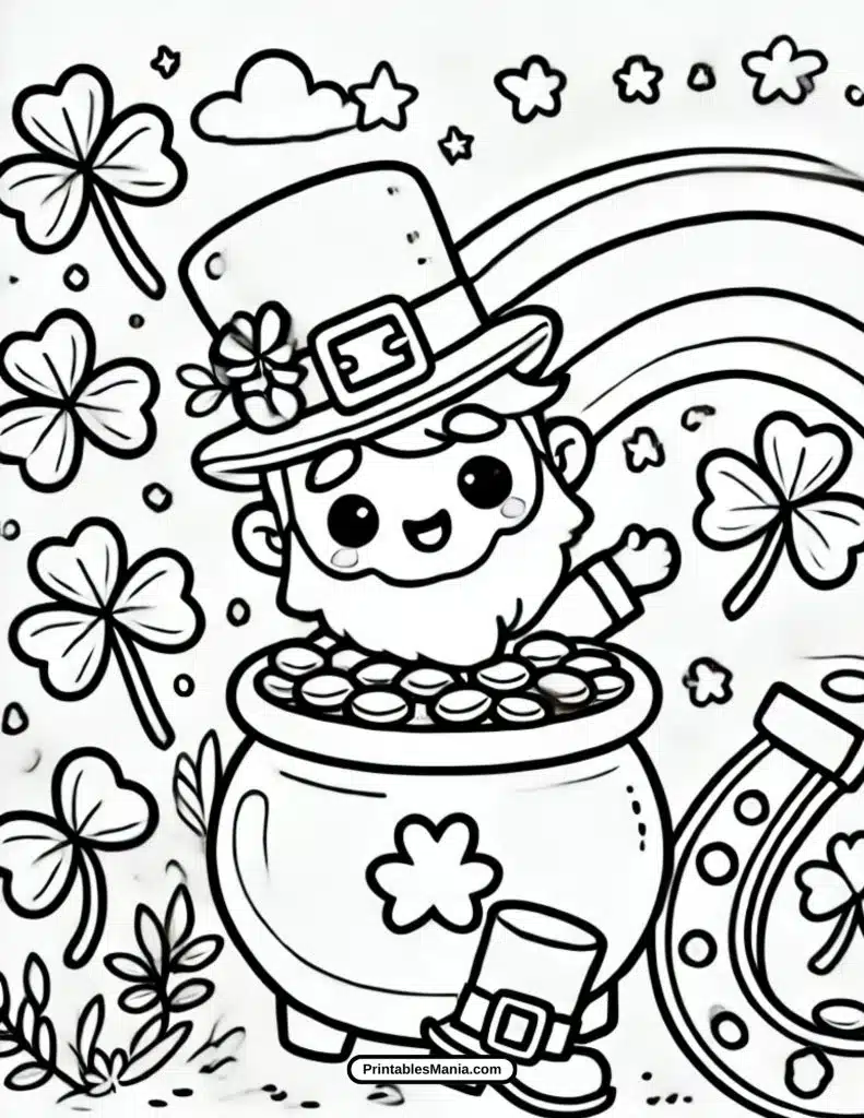 free printable St. Patrick's Day coloring page featuring a leprechaun with a pot of gold