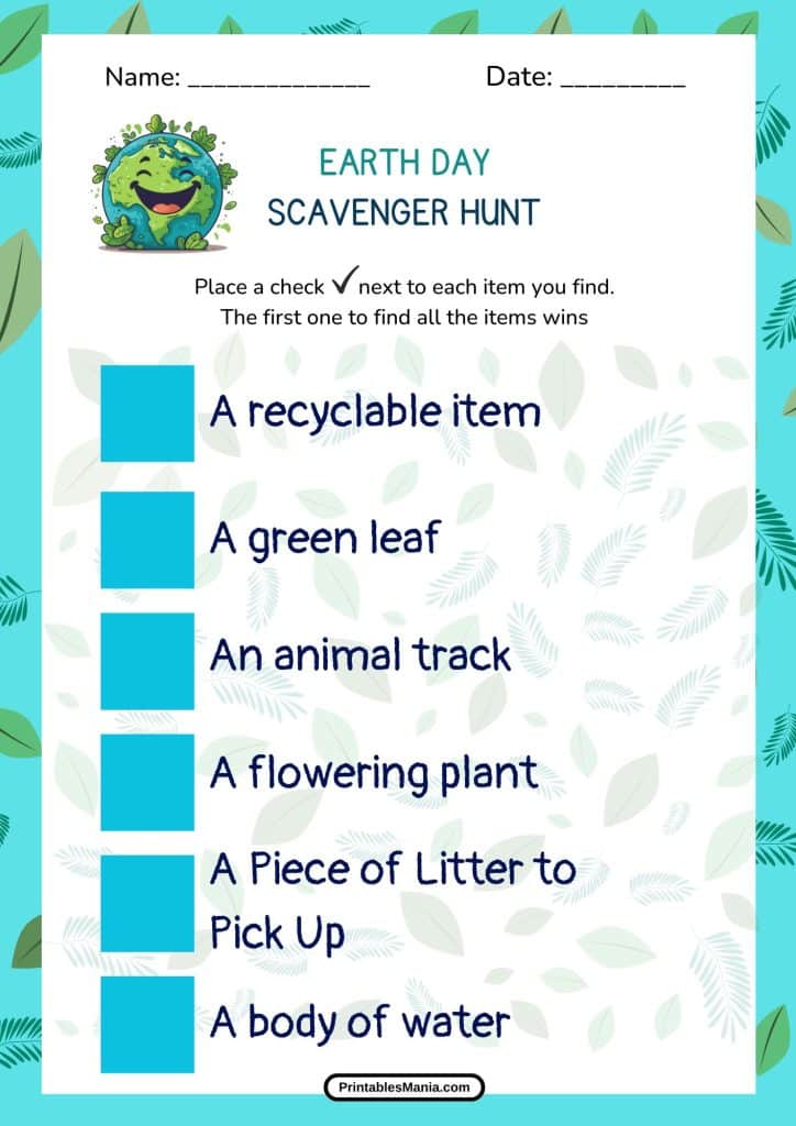 printable Earth Day scavenger hunt list for kids