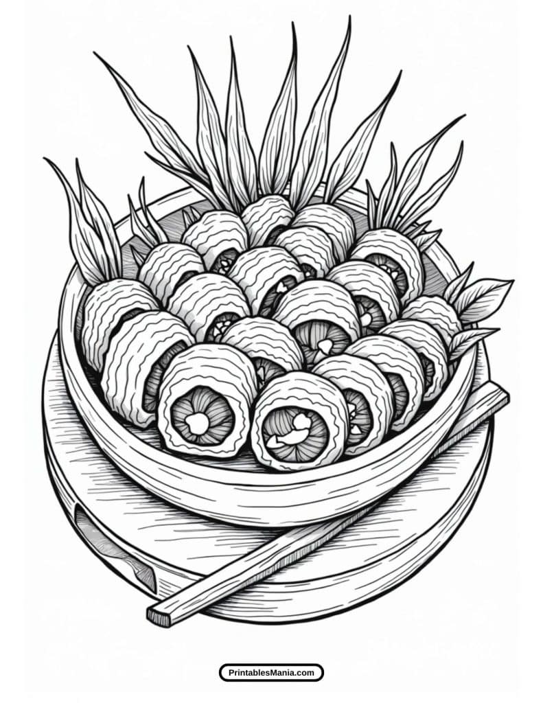 playful sushi coloring page with kawaii-style illustrations