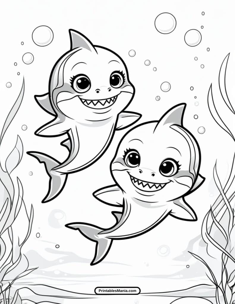 printable baby shark coloring page with bubbles and coral reef