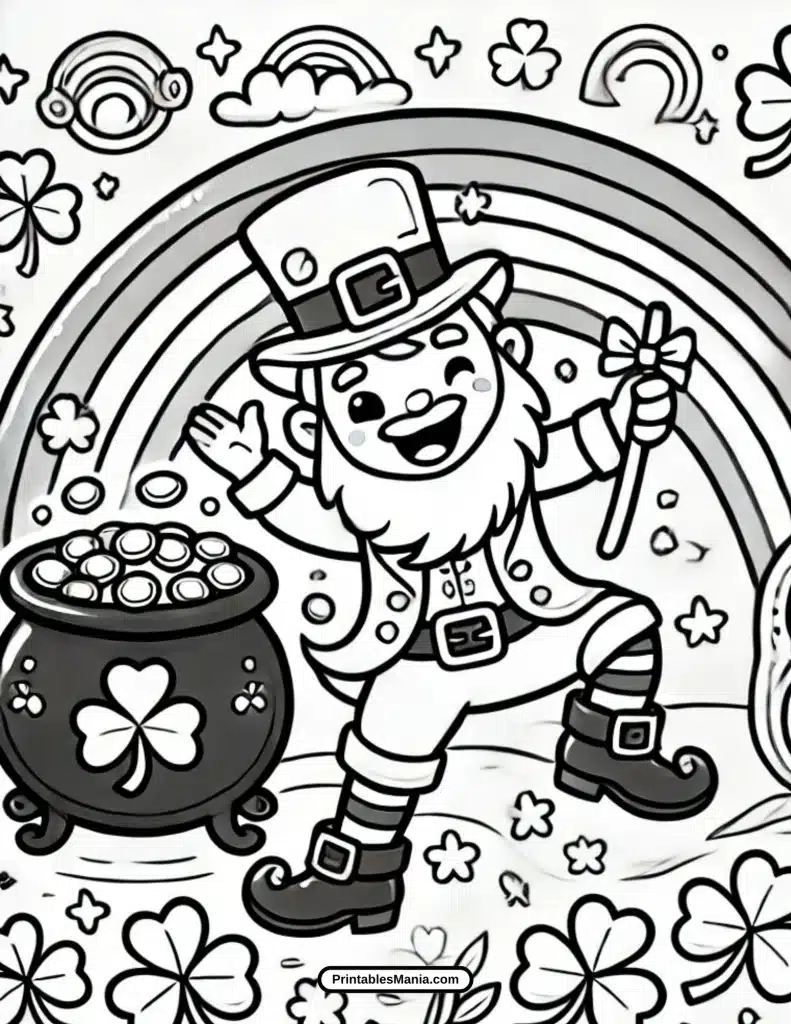 free printable coloring page of a happy leprechaun with gold coins