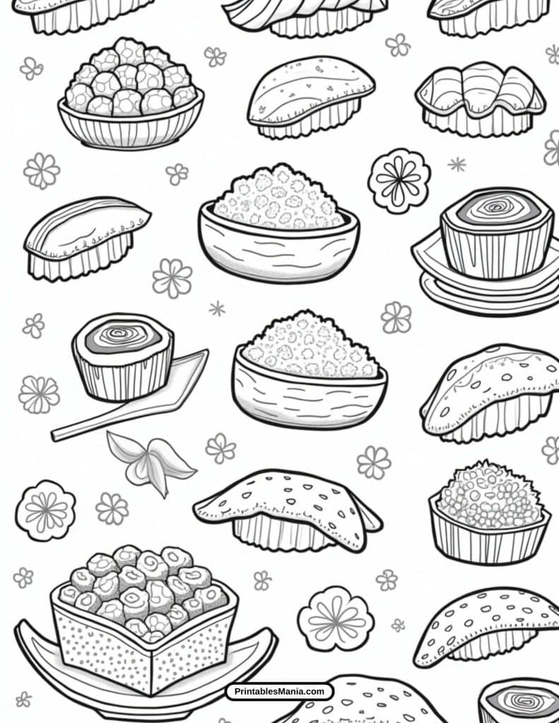 creative sushi coloring sheet featuring detailed sushi designs