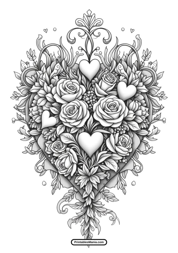 heart and flowers coloring page free pdf