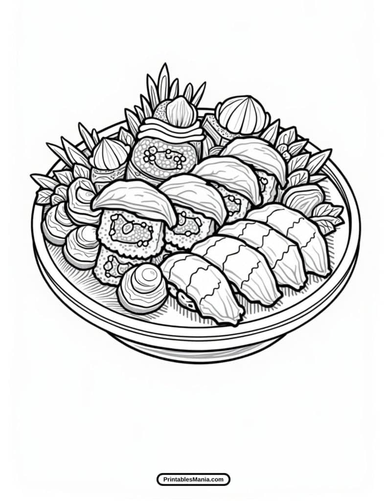 sushi coloring page with fun elements like chopsticks and soy sauce