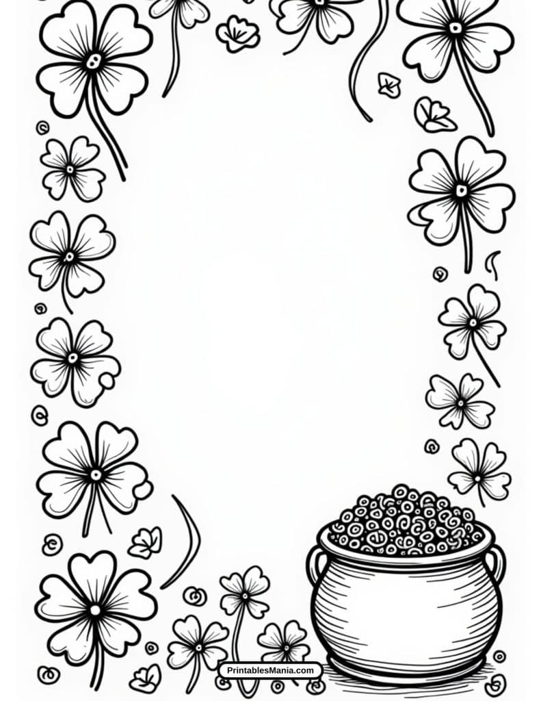 free printable St. Patrick's Day coloring sheet with shamrocks and gold coins