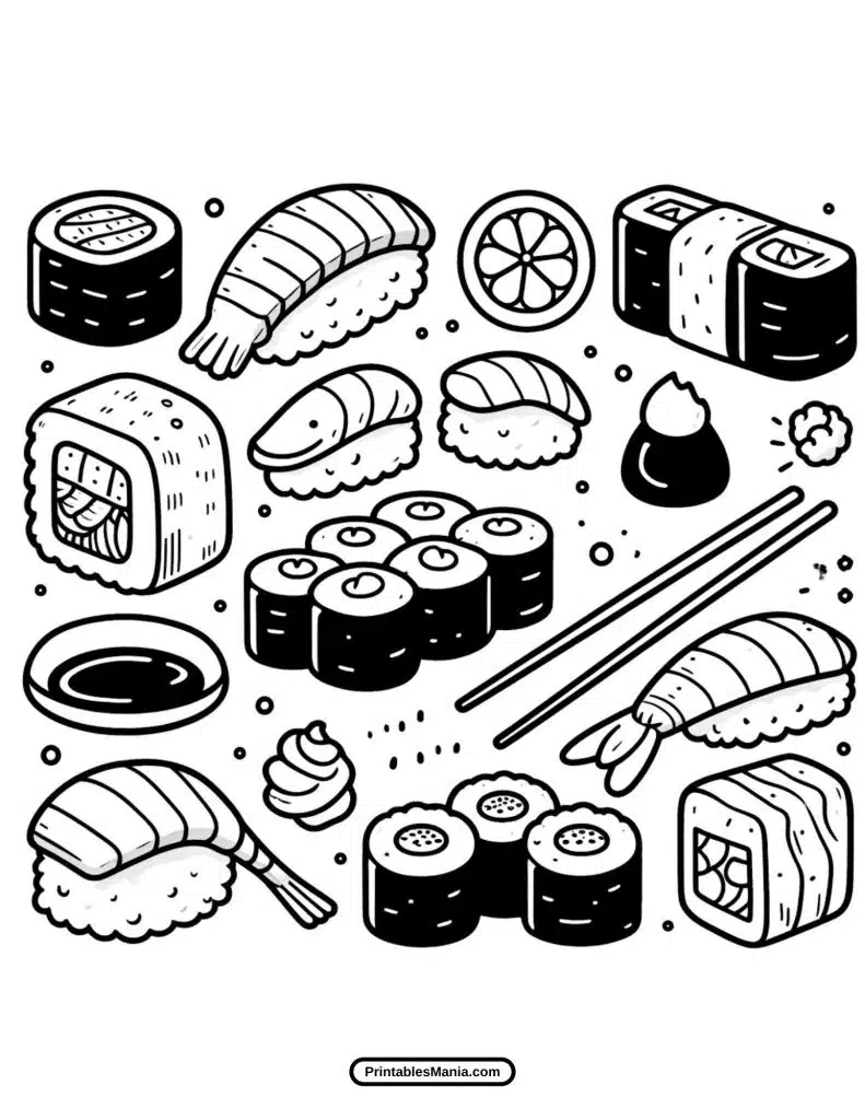 cartoon-style sushi rolls and nigiri coloring page