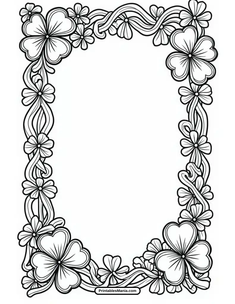 coloring page with a lucky clover and rainbow, perfect for kids and adults