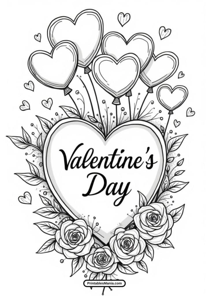 free roses and hearts coloring page download