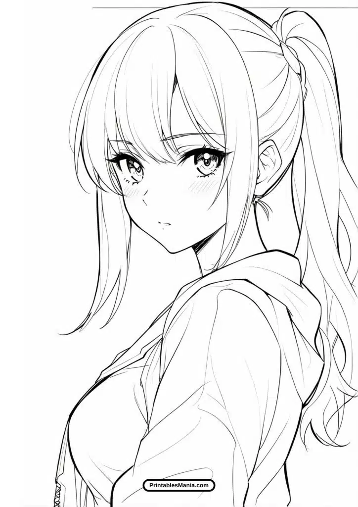 anime girl with long hair coloring page free