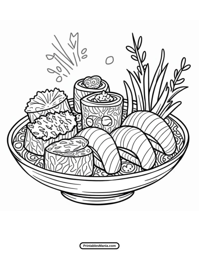 fun sushi-themed coloring page with decorative patterns