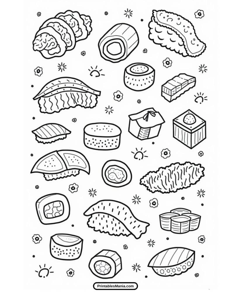 simple maki roll and sashimi coloring page for beginners