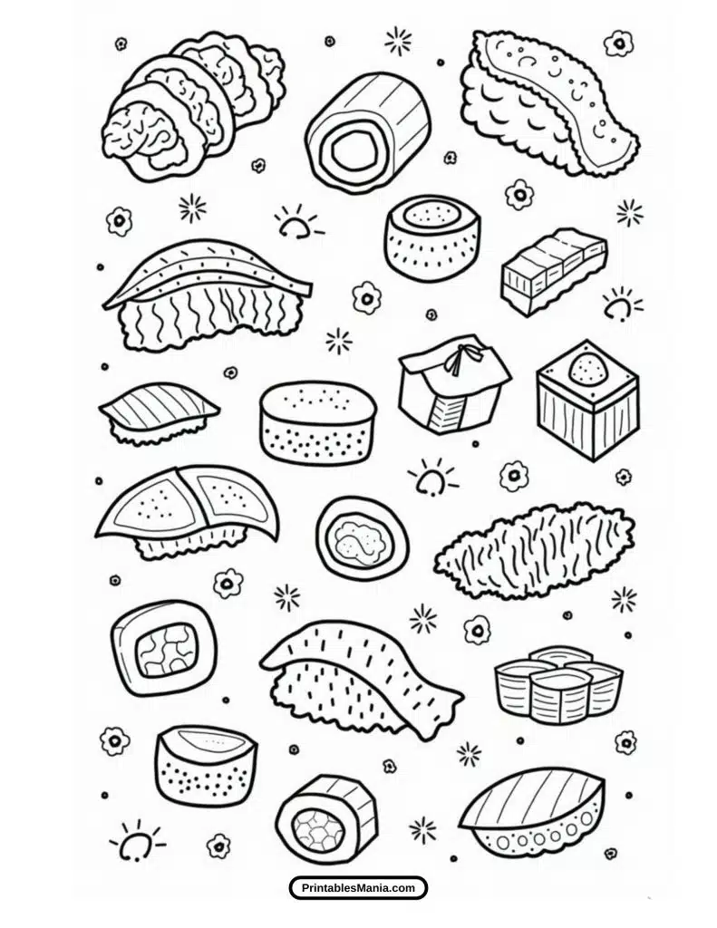 simple maki roll and sashimi coloring page for beginners