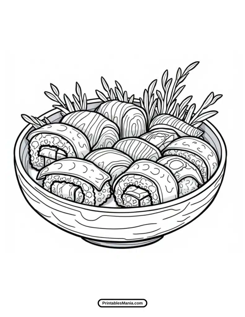 black-and-white sushi illustration for creative coloring activities