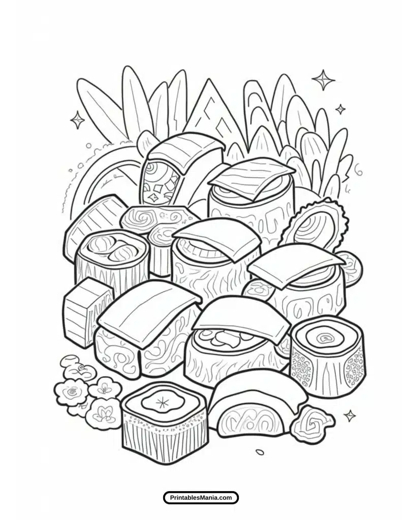 sushi art coloring sheet with smiling rolls and cheerful details